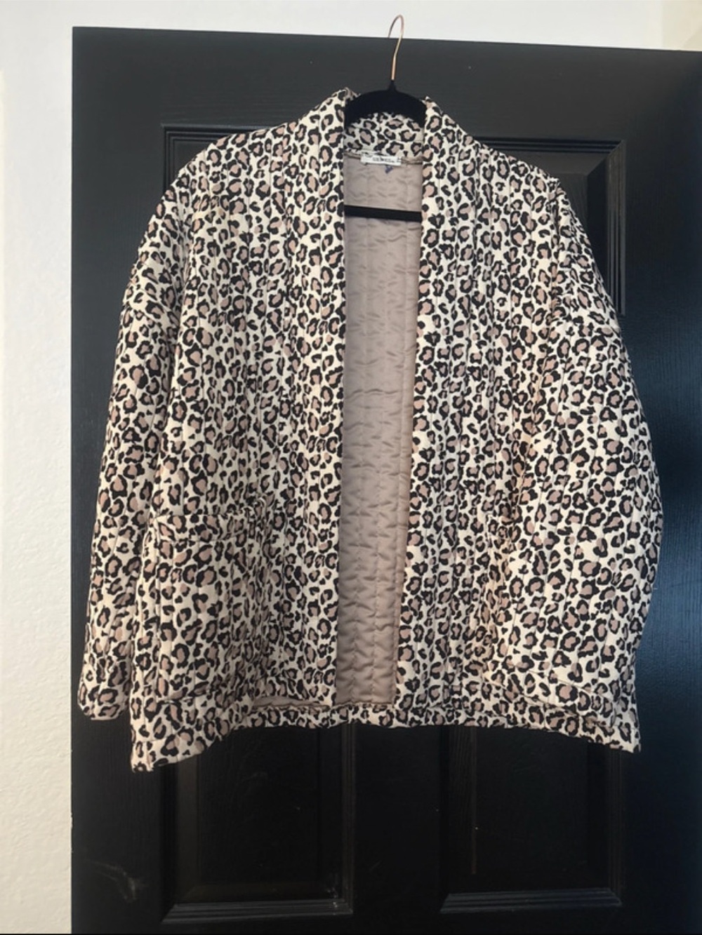 Leopard Print Quilted Open-Front Puffer Jacket - Cream/Black
